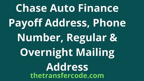 Chase auto finance overnight payoff address - Our payment address has not changed. You can still send regular payments to Cinch Auto Finance, P.O. Box 28149, Miami, FL 33102-8149. Overnight payments and payoffs should be sent to Cinch, 10400 Old Alabama Connector Rd STE 100 Alpharetta GA 30022-8270. My bill pay is set up to come to Credit Union Loan Source. Do I need to change it?
